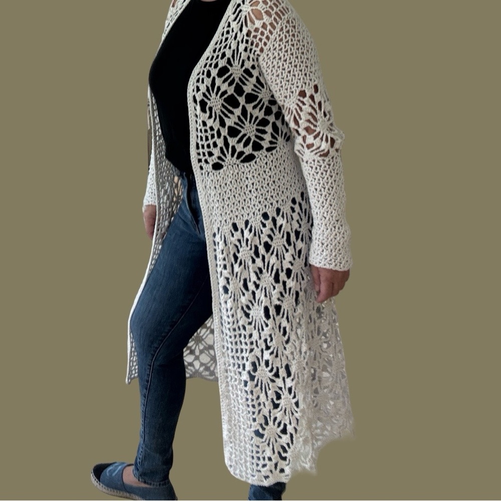 Cream Crochet Long Cardigan